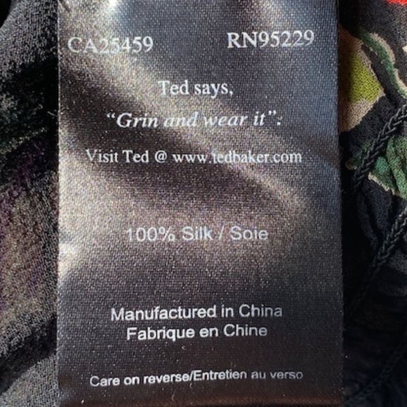 Ted Baker Silk Ruffled Blouse Black Floral Cap Sleeve Stretchy Boho Size 2 - Picture 10 of 13